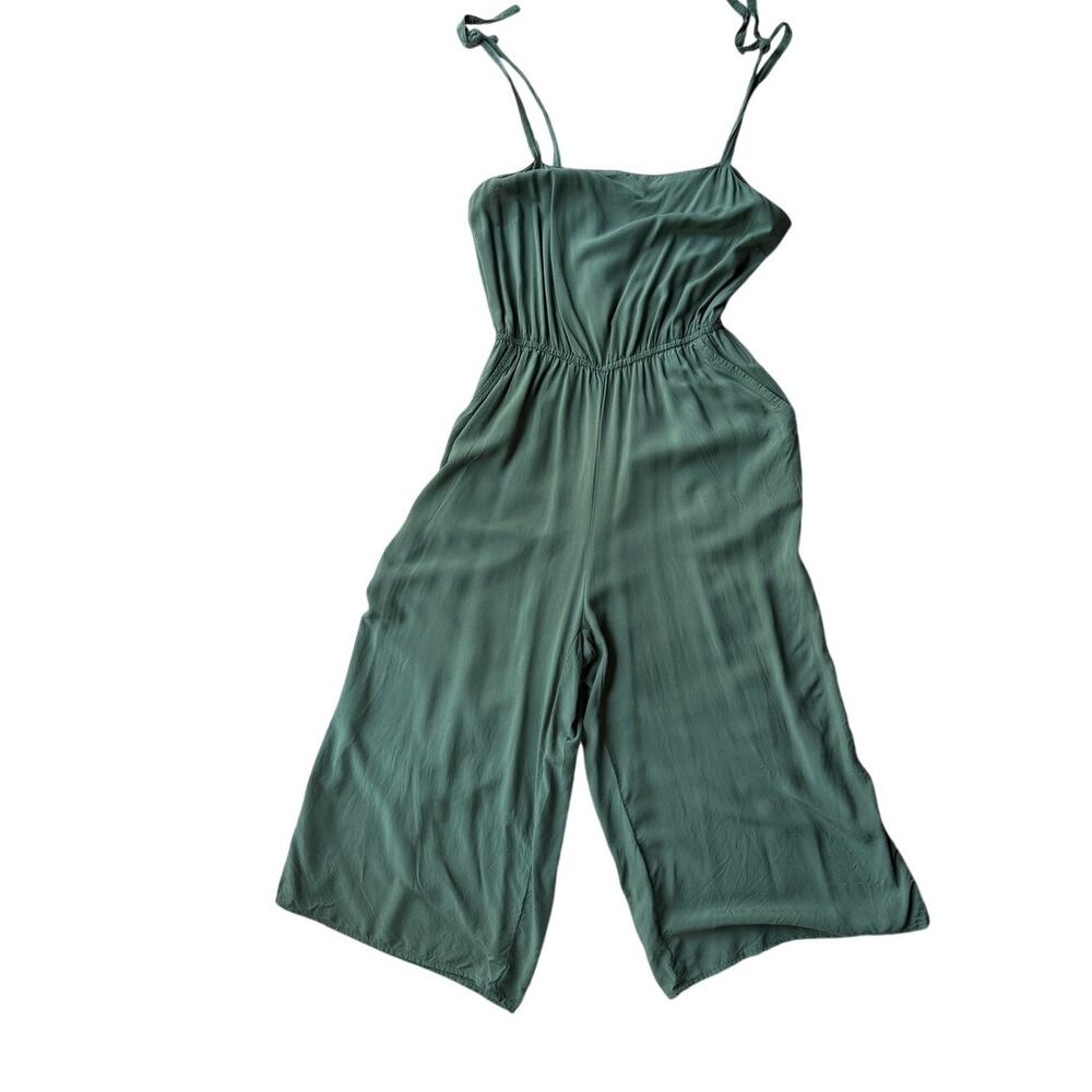 Gap Olive Green Wide Leg Cami Jumpsuit Medium Tie Strap 100% Viscose Pockets
